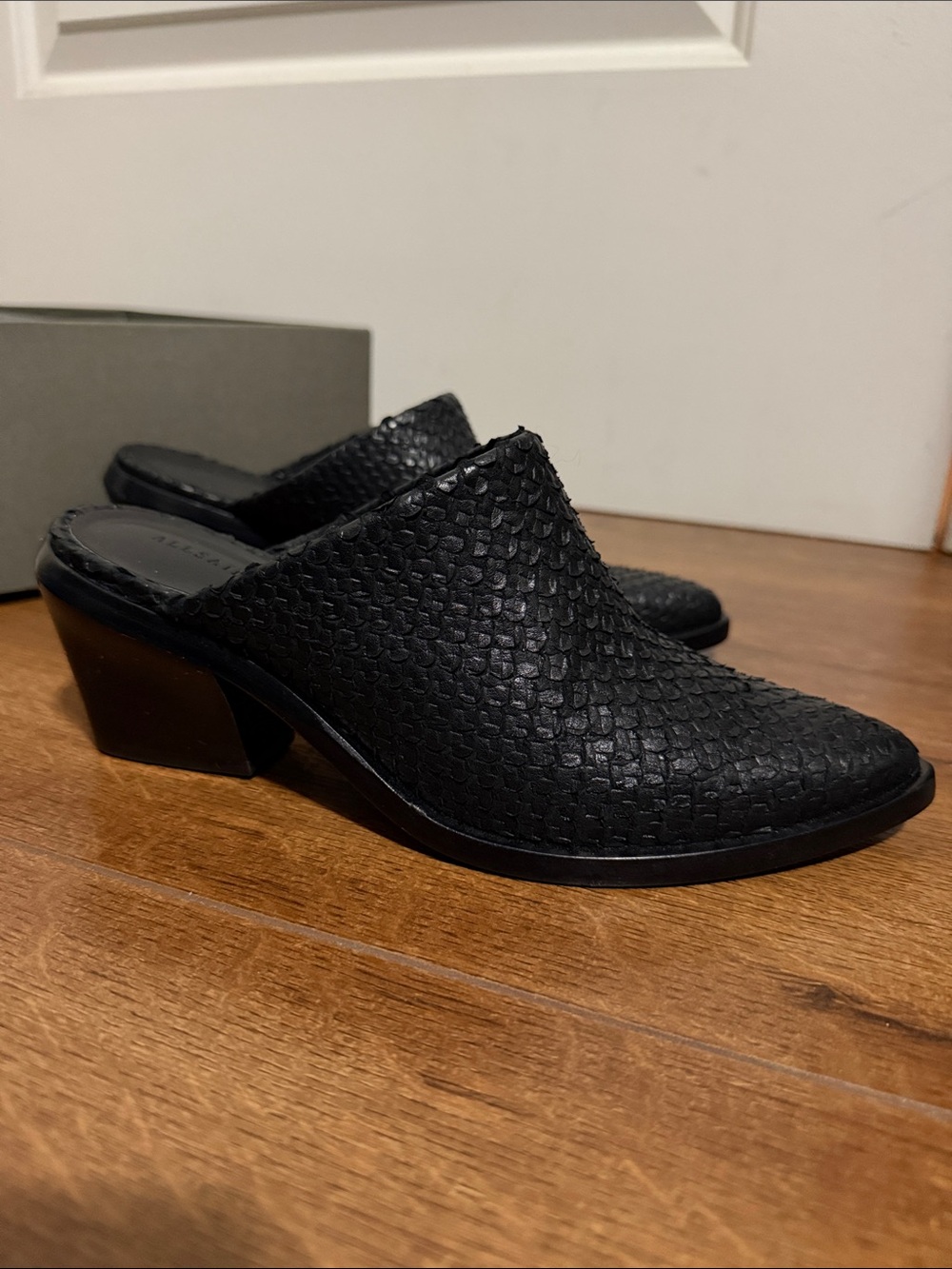 Allsaints Black Woven Leather Women's Mule Heels